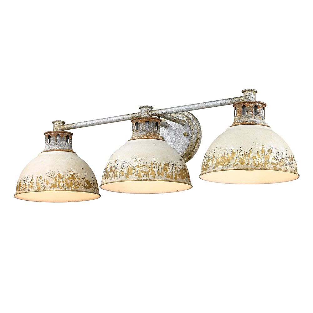 Golden Lighting 0865-BA3 AGV-AI Kinsley 3 Light Bath Vanity in Aged Galvanized Steel with Antique Ivory Shade